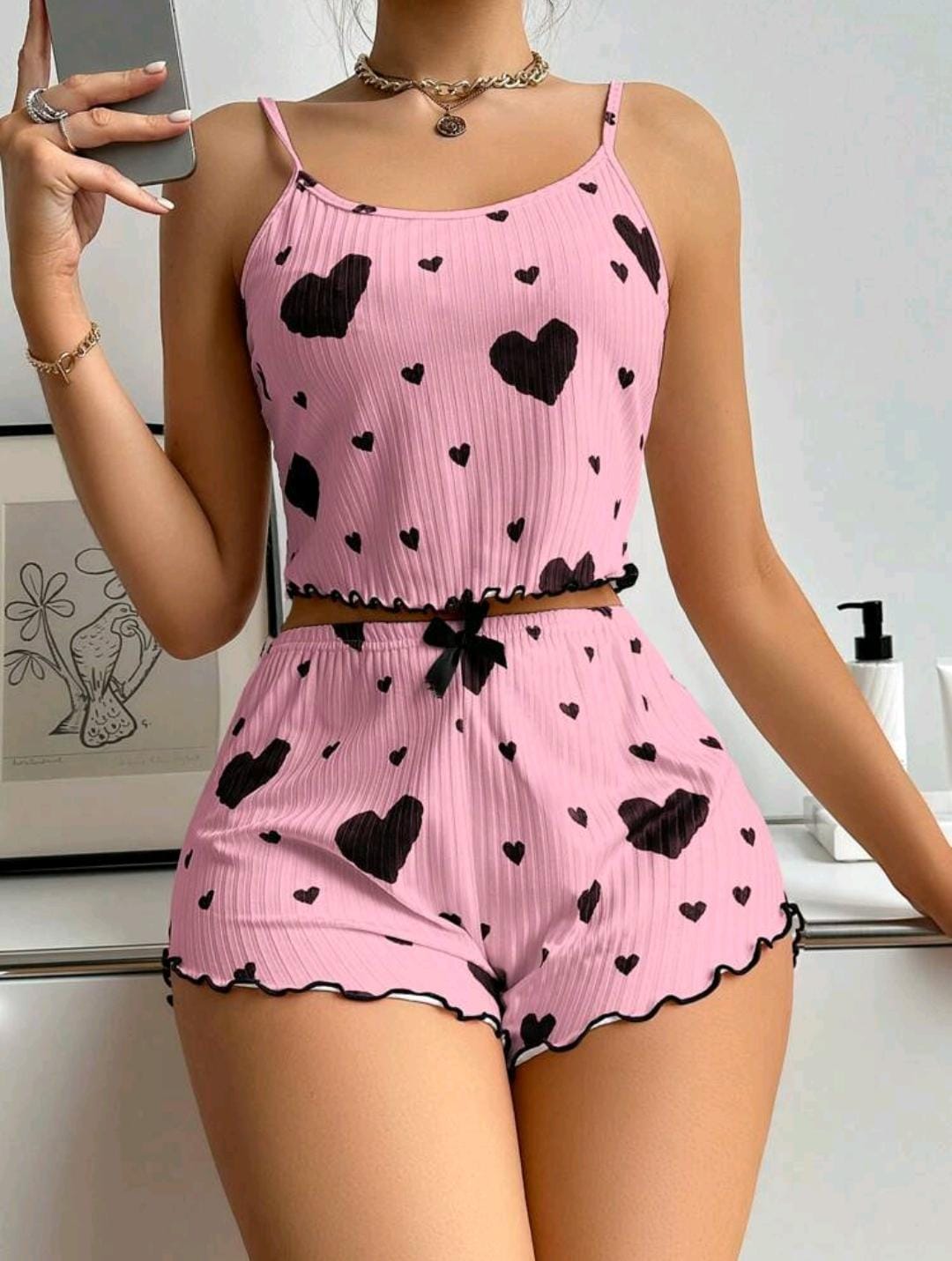 Ensemble Pyjama Haut Et Short Caraco Imprimé Cœur Pour Femmes, Ensemble Blanc, Été