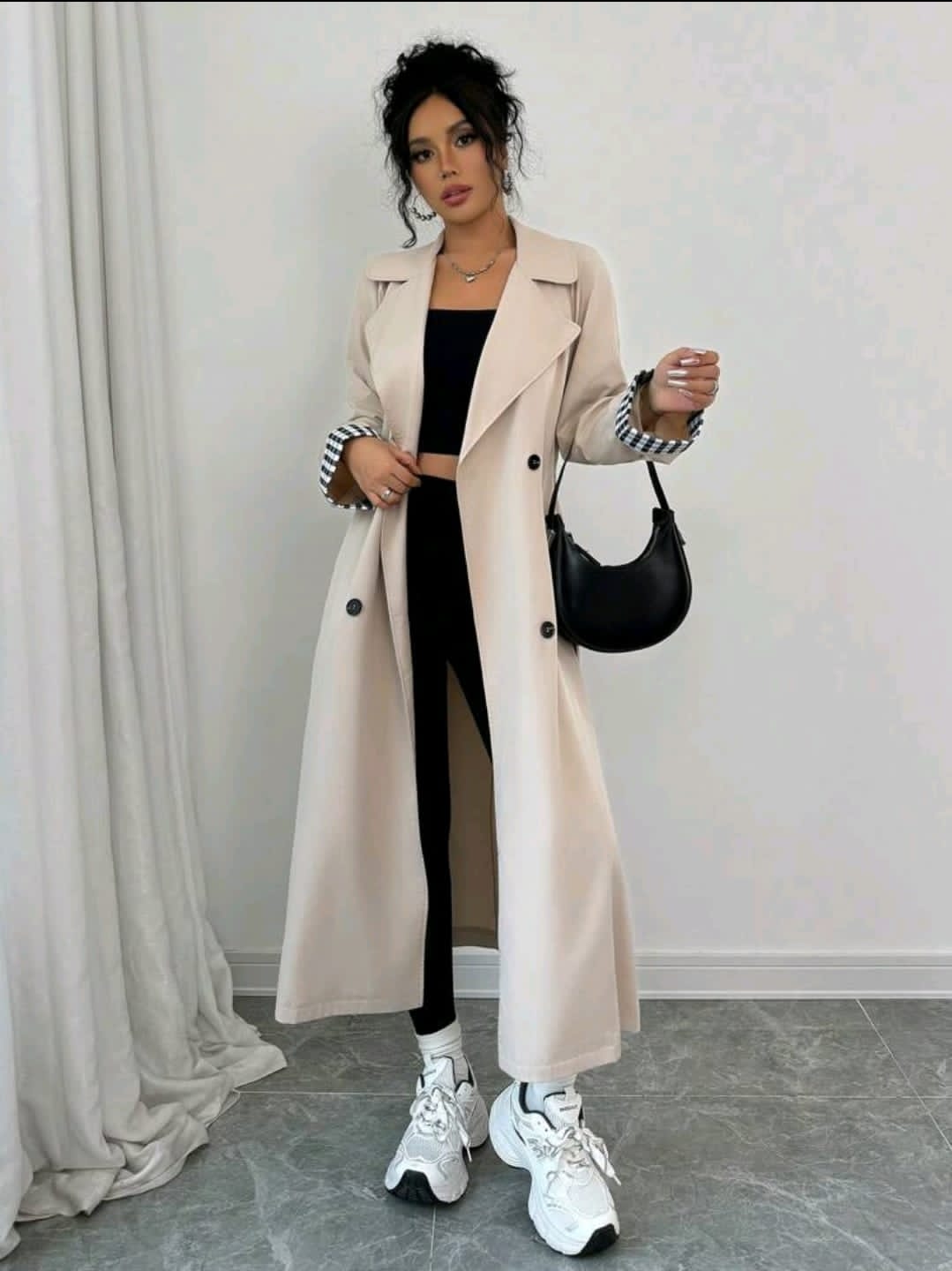 Chiquease Manteau trench à manches longues pour femmes avec col cranté, à double boutonnage, en patchwork à carreaux