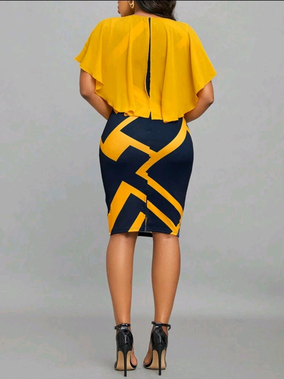 Robe de bureau élégante avec ourlet volant de patchwork à imprimé géométrique, pour femme, printemps & été jaune