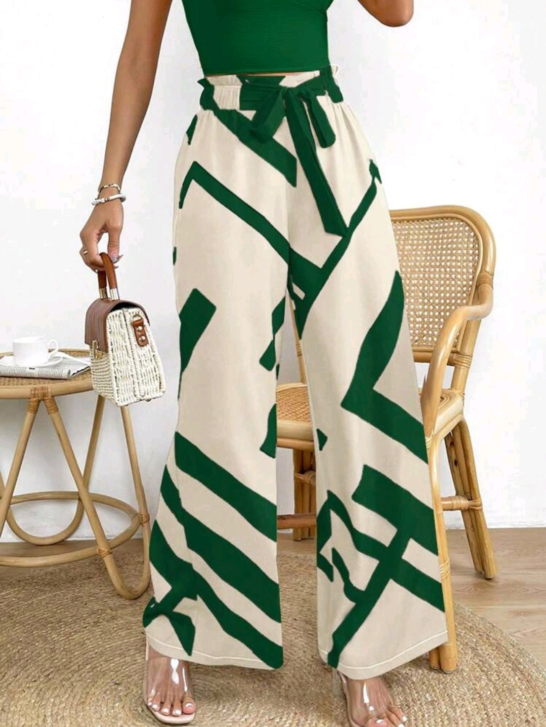Rafferiza Pantalon À Jambes Larges Et Couleur Bloquée Pour Femmes Avec Nœud