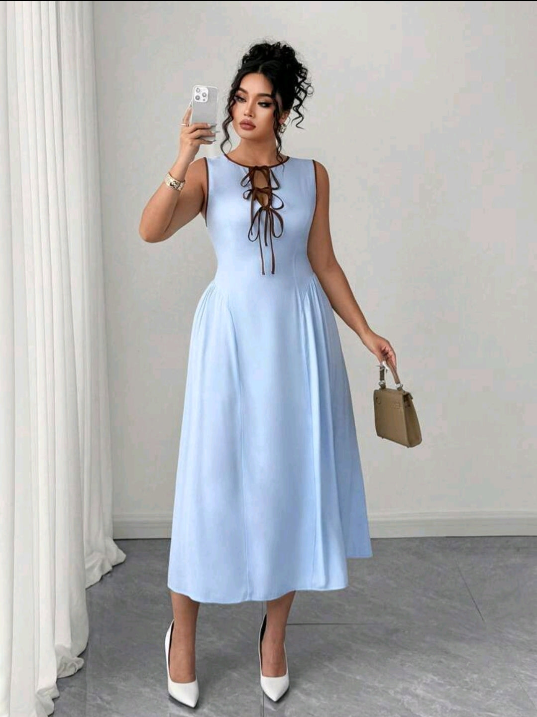 Elenzga Robe femme la plus récente, avec col ajouré, design de cravate bicolore, ourlet côté taille froncé