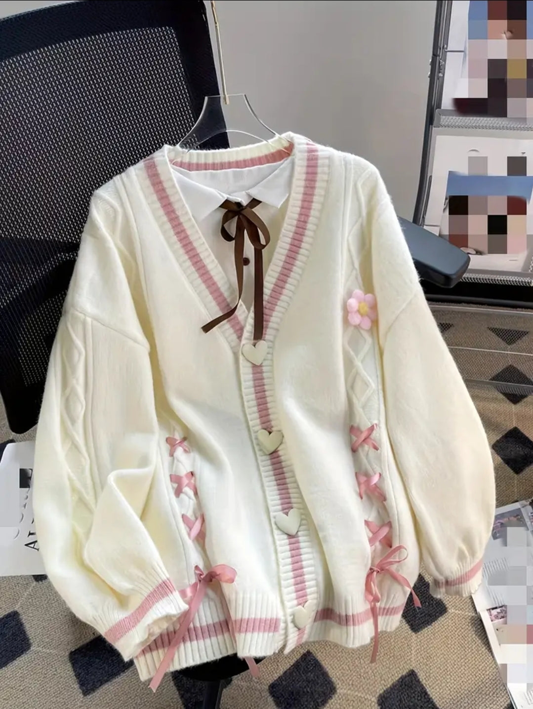Cardigan à col en V pour femme avec design à blocs de couleurs, pull en tricot mélangé acrylique