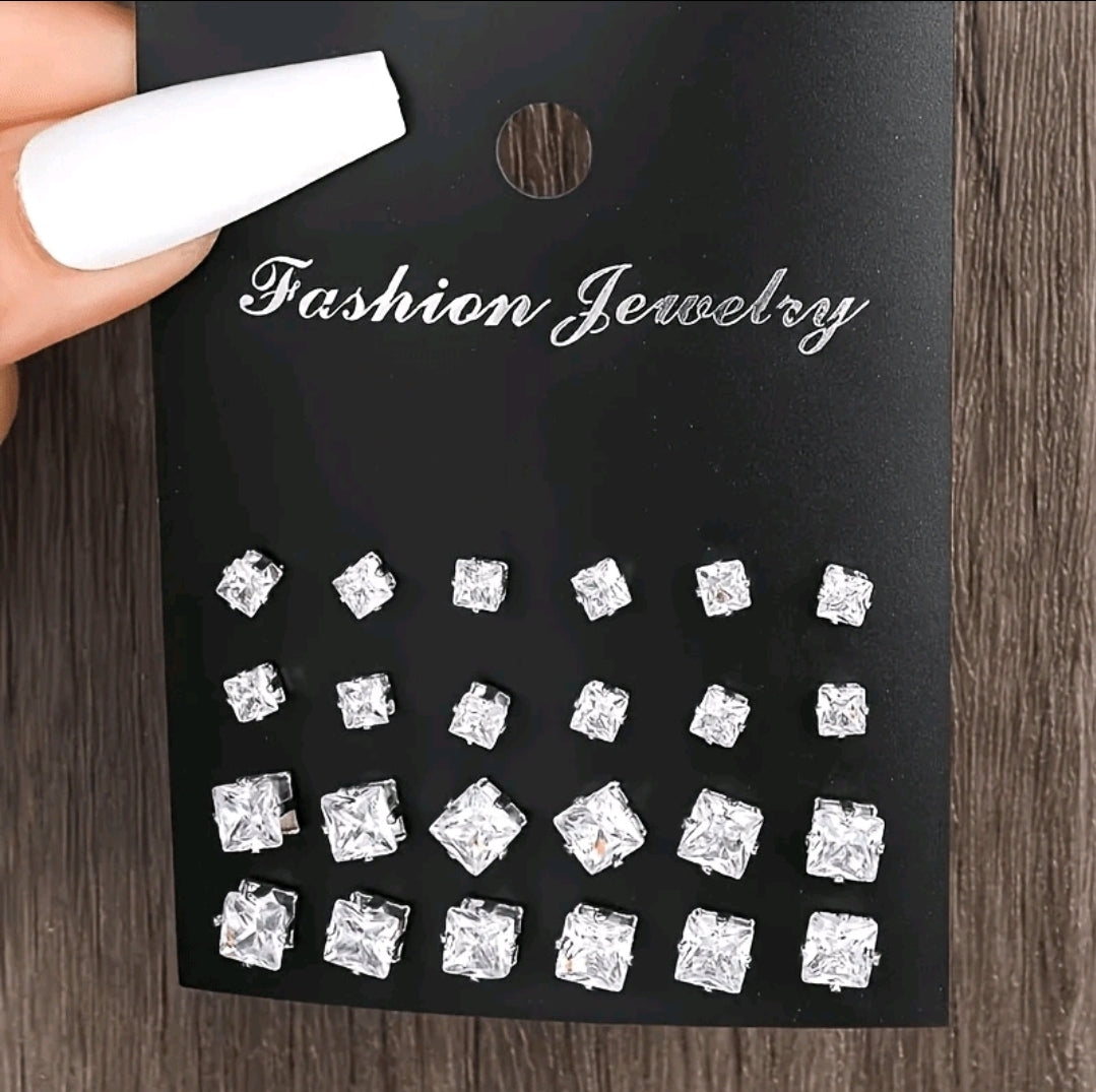 48 pièces/set Boucles d'oreilles à tige rondes et carrées en CZ pour femmes, design élégant et simple, cadeau de mode polyvalent et décontracté