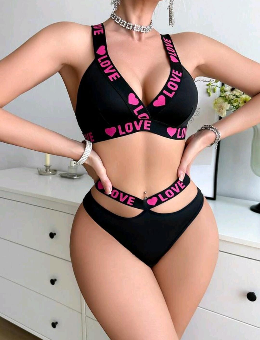 Ensemble de soutien-gorge de sport et culotte pour femme, soutien-gorge sans fil avec motif élastique à cœur et lettres