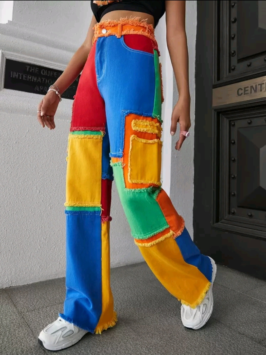 Jean à imprimé patchwork effiloché