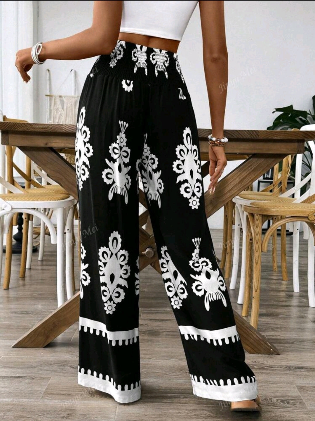 Pantalon large à taille élastique et à cordon pour femmes, avec imprimé floral aléatoire