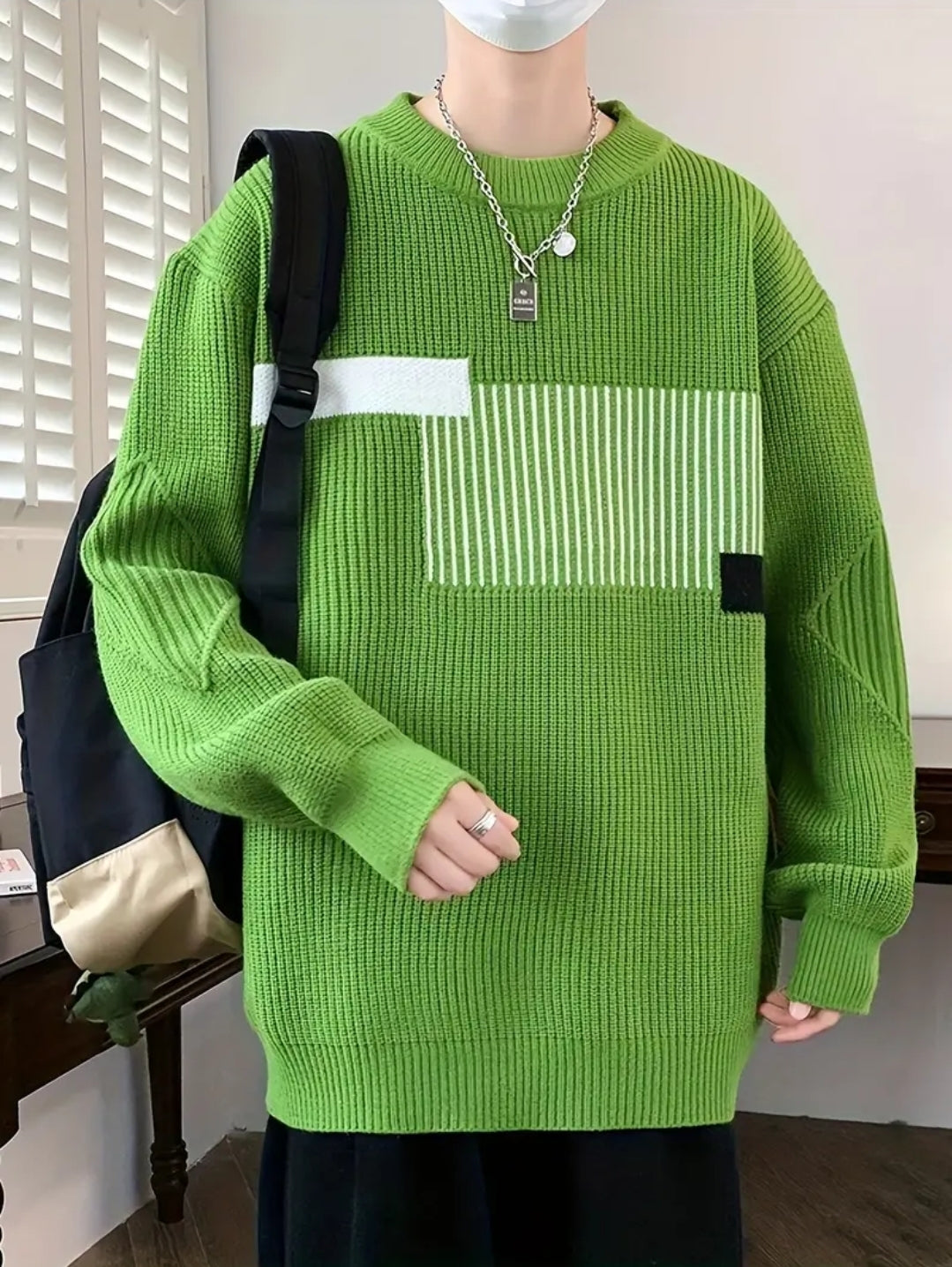 Pull Tricoté à Rayures et Blocs de Couleur pour Homme, Pull Décontracté