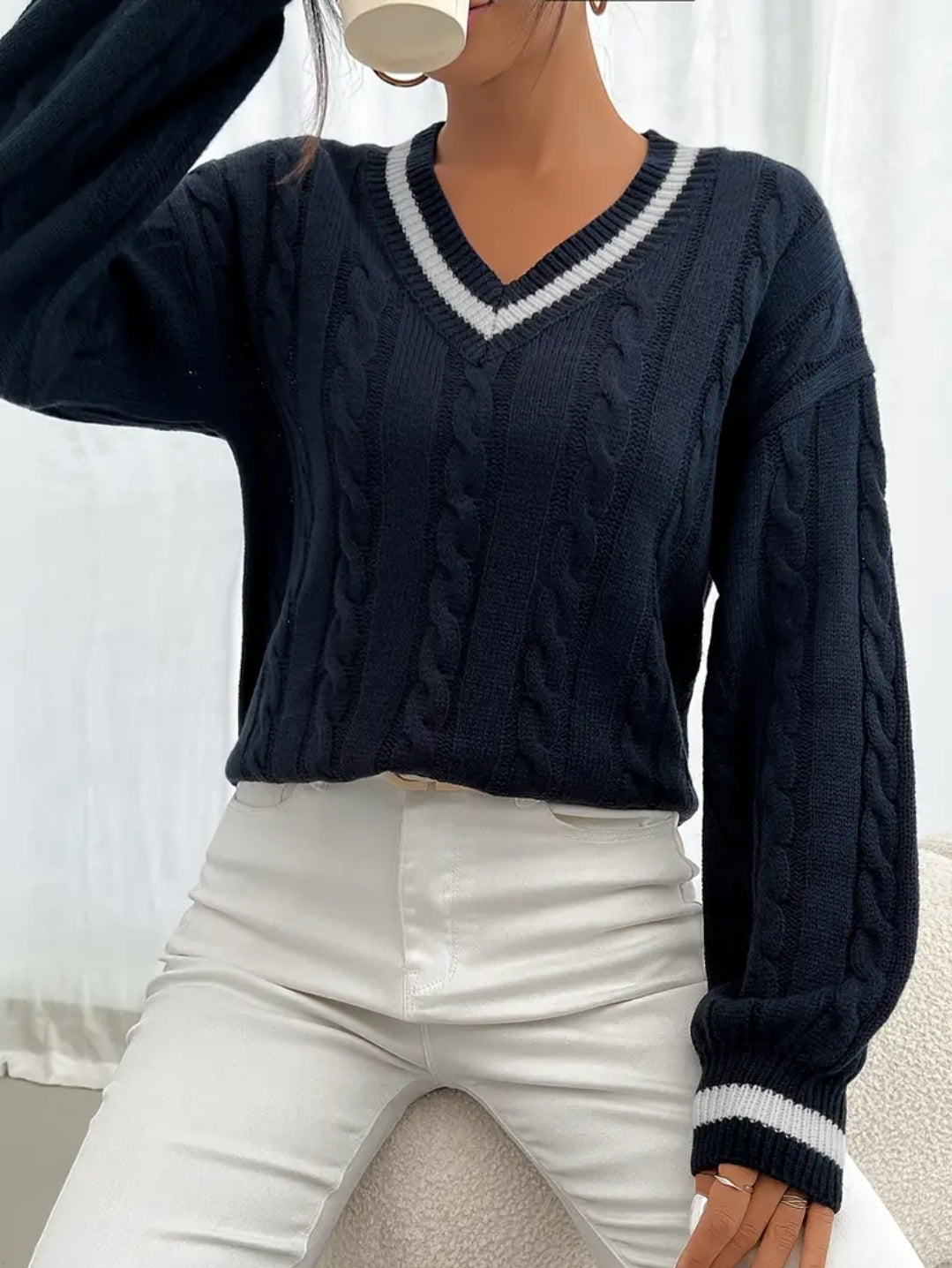 Pull en acrylique à col en V pour femme, élégant, détail torsadé de couleur unie, manches longues