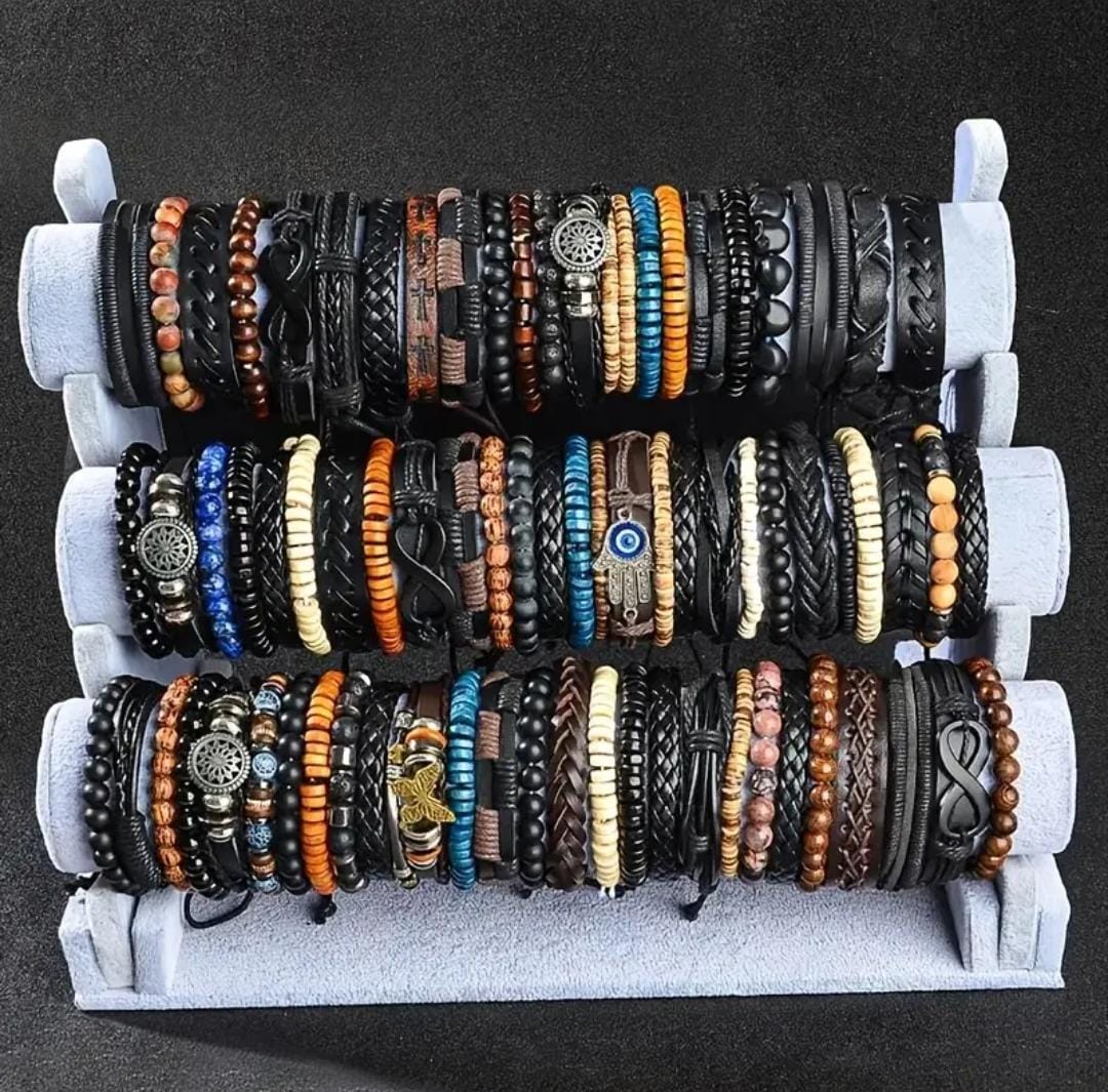 Ensemble de 18/36 Bracelets pour Hommes avec Perles en Bois et Combinaison en Cuir PU