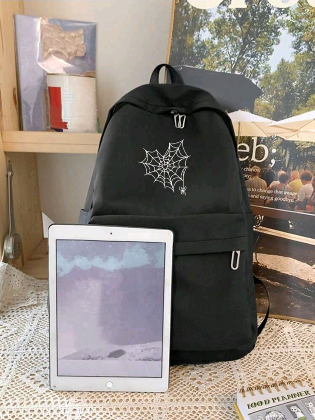 Sac à dos mode imprimé cœur et toile d'araignée pour étudiant, sac ordinateur portable, sac d'école secondaire