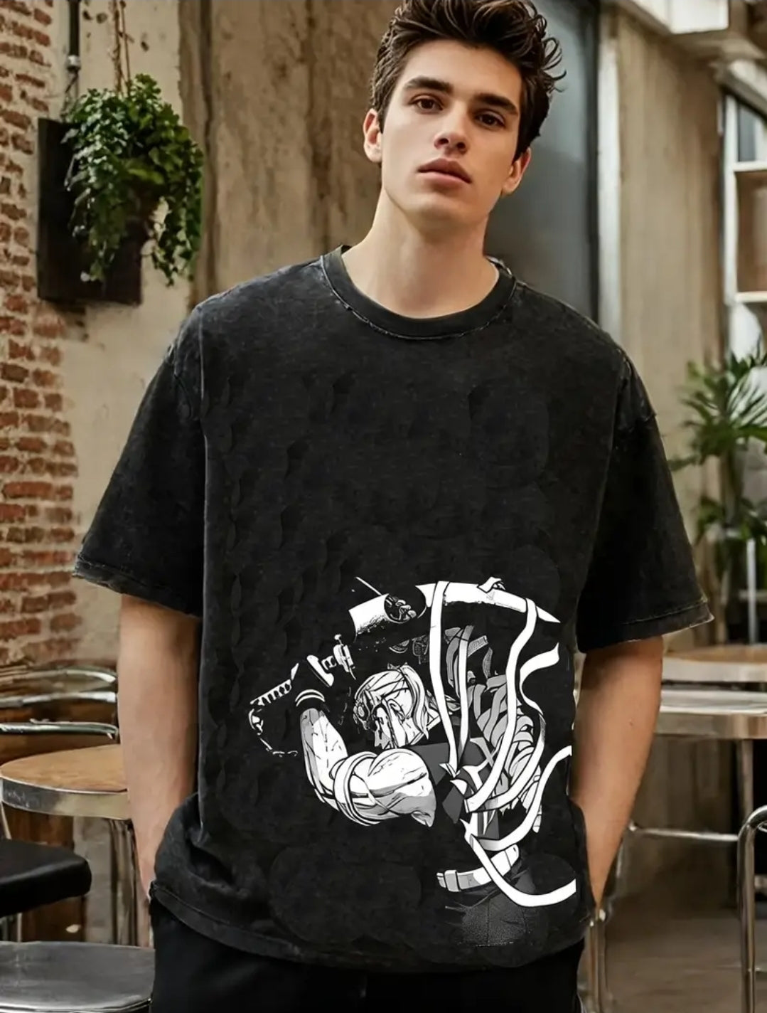 Streetwear Homme Harajuku T-shirt Graphique Anime Japonais Lavé, Hauts en Coton Surdimensionnés pour l'Été