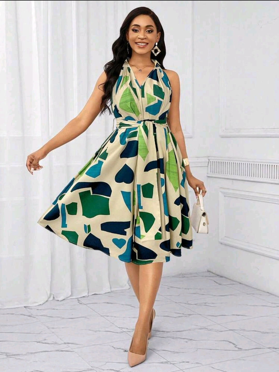 Robes de vacances Robe avec ceinture à nœud et imprimé géométrique pour femmes