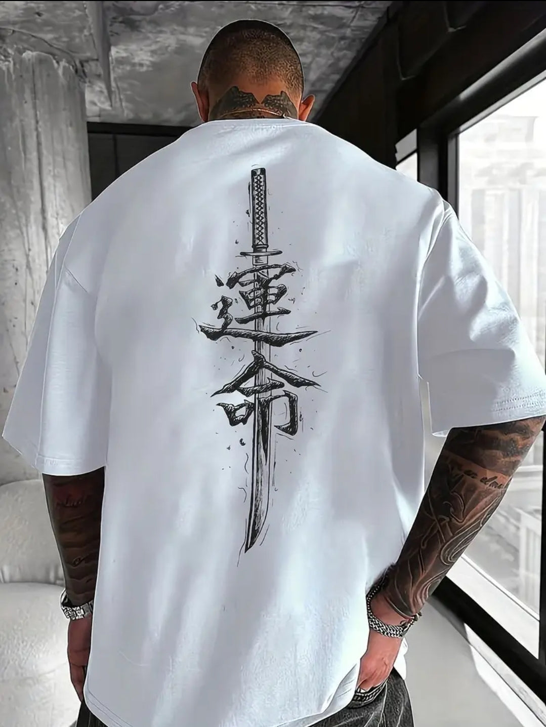 T-shirt décontracté à manches courtes pour hommes avec impression de sabre japonais