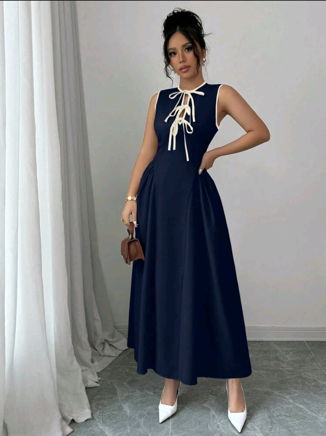 Elenzga Robe femme la plus récente, avec col ajouré, design de cravate bicolore, ourlet côté taille froncé, tissu texturé, fermeture à glissière dans le dos