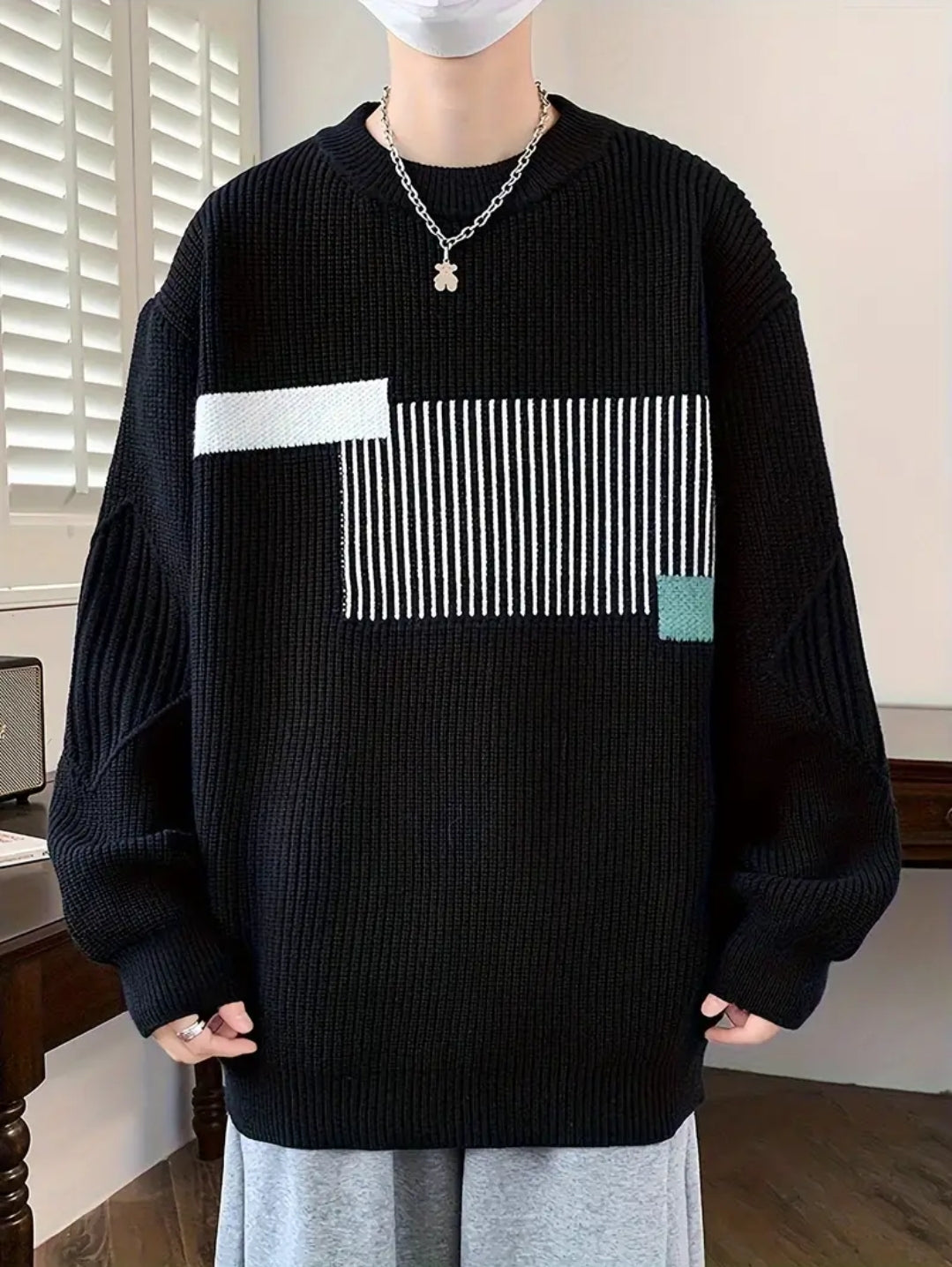 Pull Tricoté à Rayures et Blocs de Couleur pour Homme, Pull Décontracté à Manches Longues