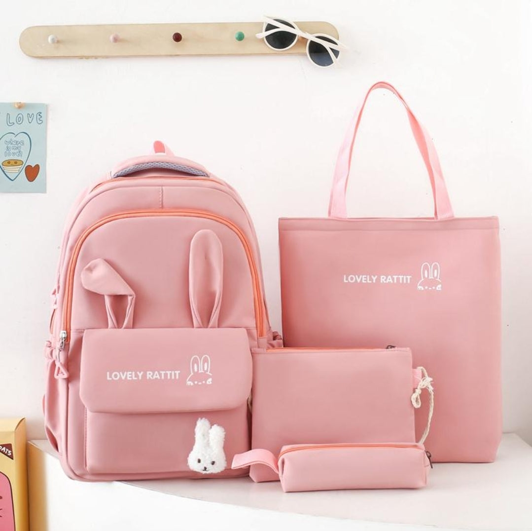 Ensemble de quatre sacs à dos pour femmes, cartable d'étudiant avec oreilles de lapin, sac à dos de protection de la colonne vertébrale de grande capacité