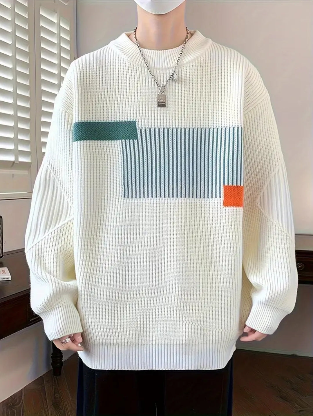 Pull Tricoté à Rayures et Blocs de Couleur pour Homme, Pull Décontracté à Manches