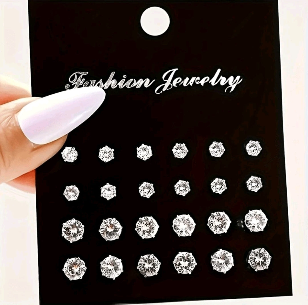 48 pièces/set Boucles d'oreilles à tige rondes et carrées en CZ pour femmes, design élégant et simple, cadeau de mode polyvalent et décontracté