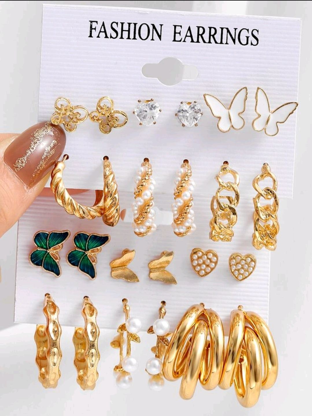 12 Paires De Boucles D'oreilles Décorées De Perles Et De Papillons