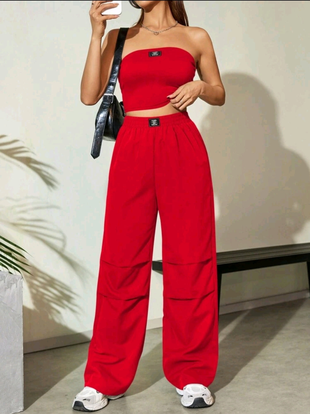 Flirla 2 pièces Ensemble de Top tube dos nu et pantalon casual jambe droite pour femmes