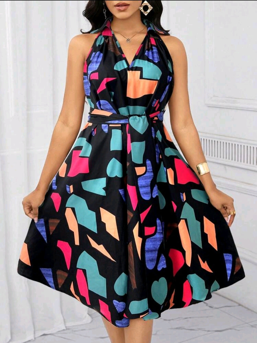 Robes de vacances Robe avec ceinture à nœud et imprimé géométrique pour femmes, pour l'été