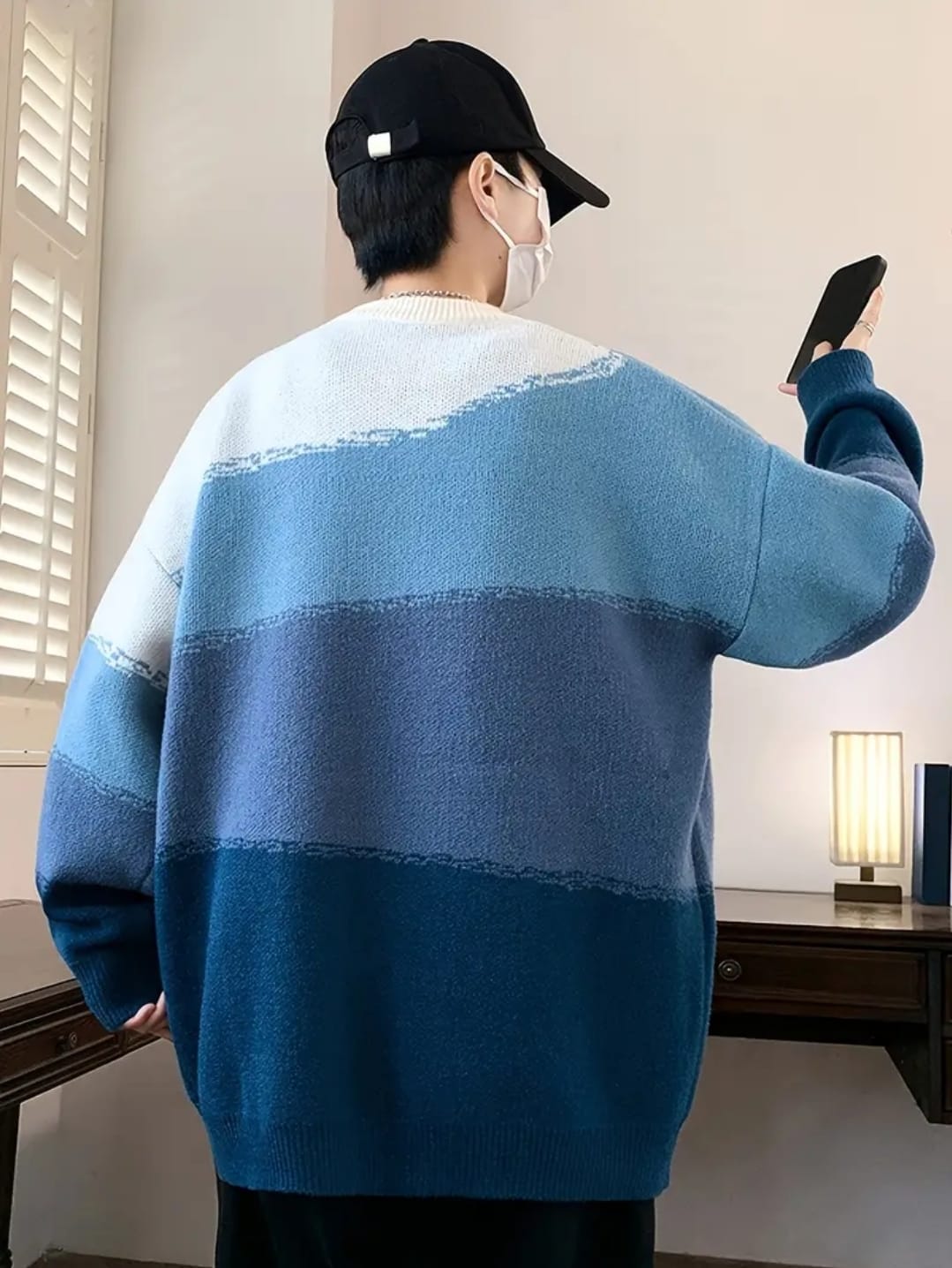 Pullover tricoté dégradé pour homme, pull décontracté à manches longues et col rond pour l'automne et l'hiver