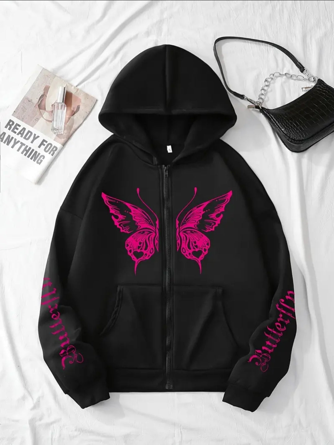 Sweatshirt à capuche avec poches latérales imprimées papillon & lettre, manches longues décontractées
