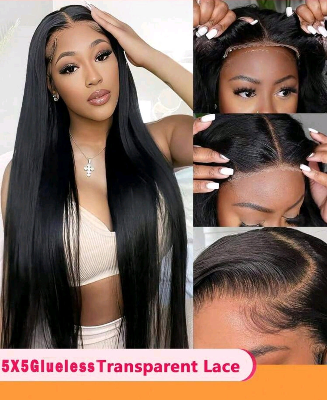 Perruque de cheveux humains lace transparente sans colle 5x5 droite, pré-épilée, densité de 150%, pour femmes 20inch