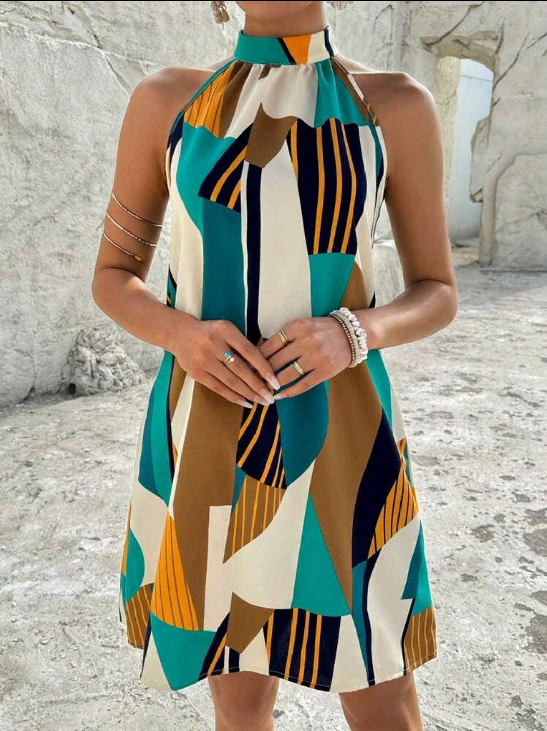 Breezaya Robe d'été à col ras-du-cou avec imprimé géométrique, tenue de plage pour les femmes