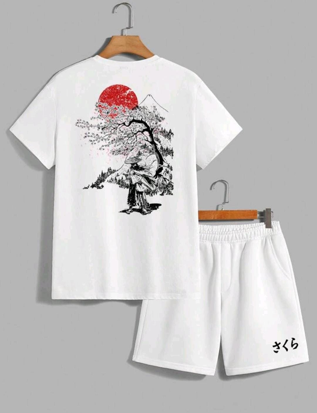 Manfinity Homme Ensemble de t-shirt court à manches courtes blanc décontracté pour homme, imprimé avec un arbre de fleurs de cerisier de style japonais et la silhouette d'un samouraï