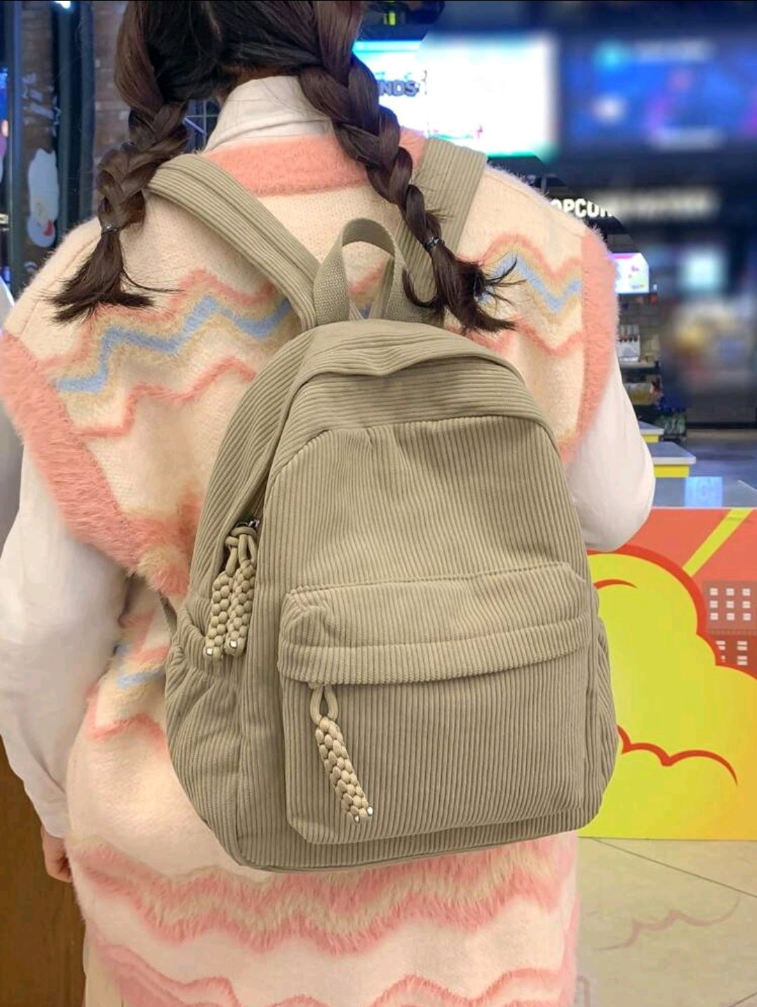 Petit sac à dos en velours côtelé couleur unie, sac à dos tendance, sac pour l'école, sac scolaire, sac à dos scolaire