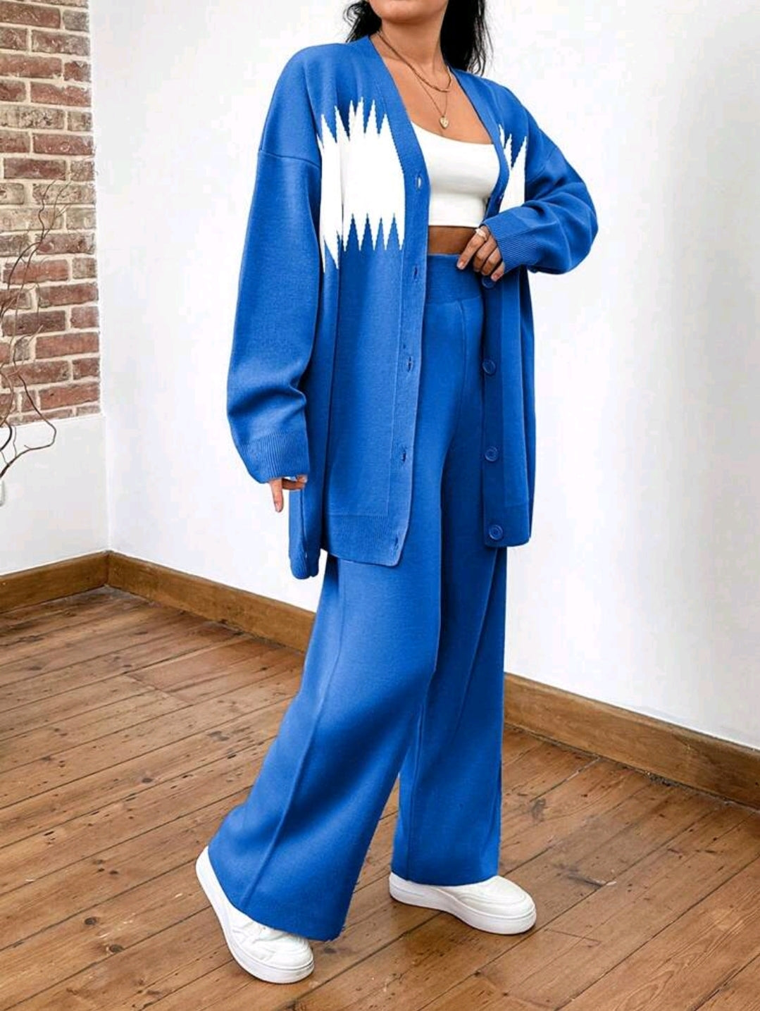 Tenue grande taille en deux pièces élégante, chemise à manches longues avec boutons et imprimé graphique et pantalon, tricoté