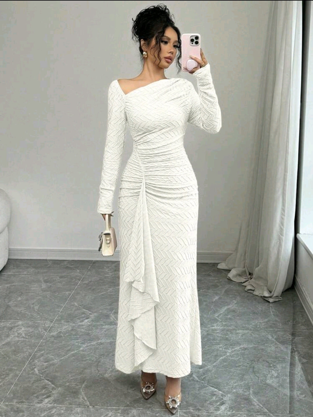 Elenzga Robe maxi élégante en tricot texturé de couleur unie à manches longues