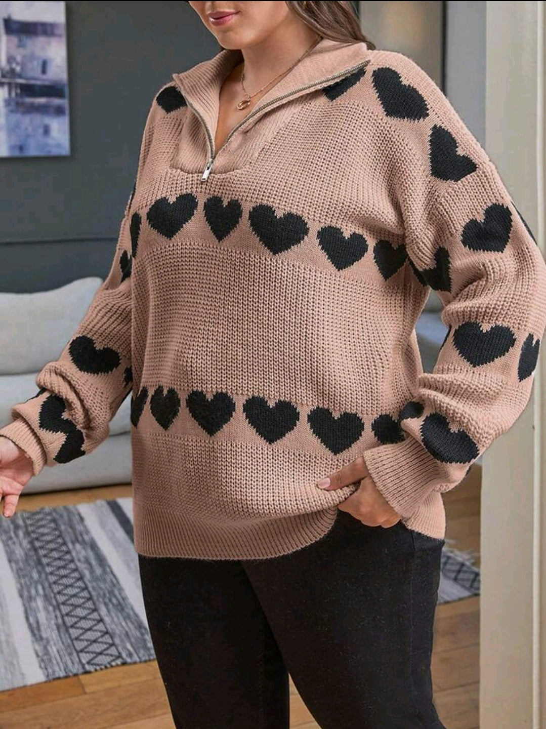 Femme grande taille Tricot Henley ample à manches longues à épaules tombantes avec motif cœur