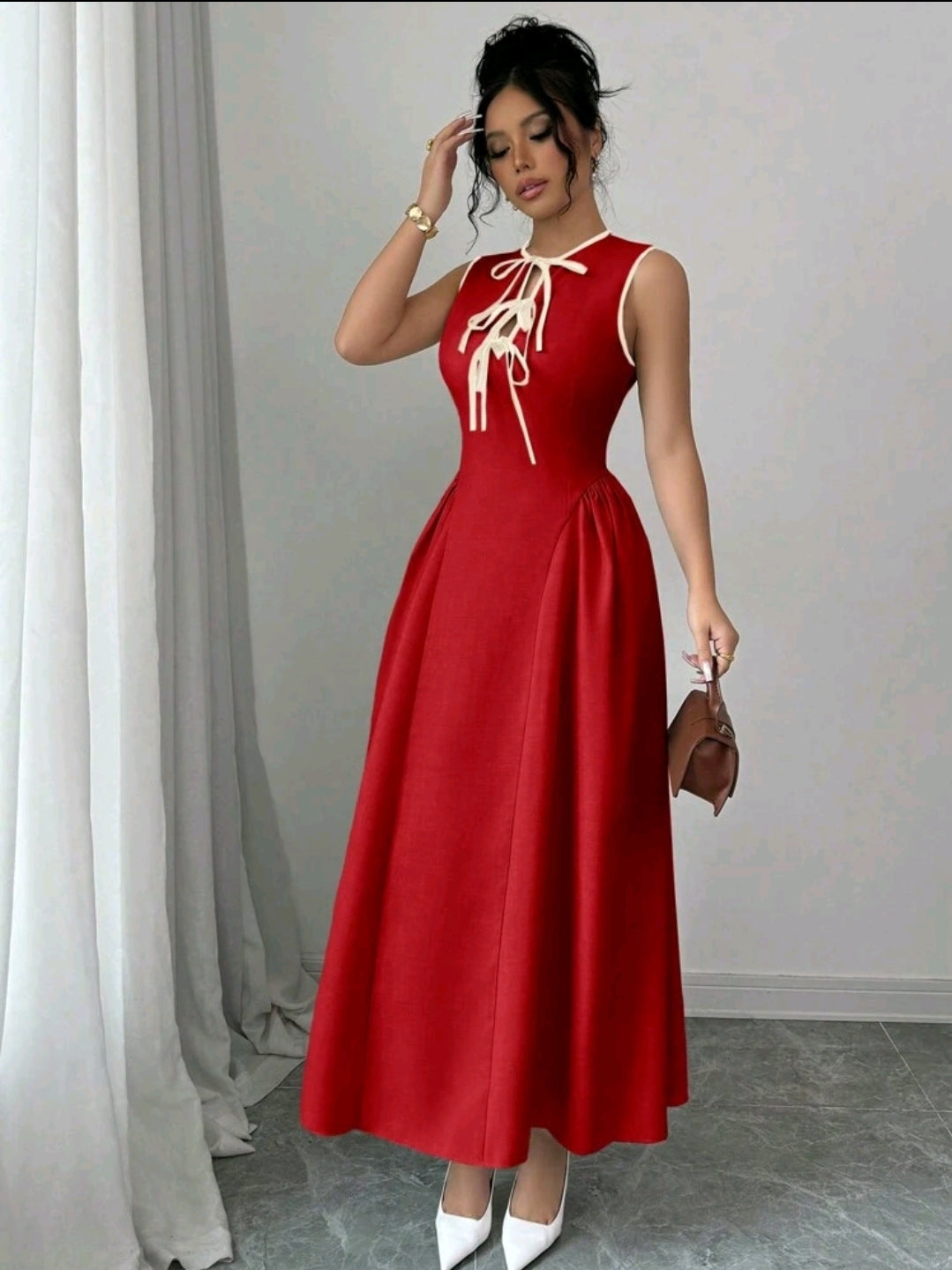 Elenzga Robe femme la plus récente, avec col ajouré, design de cravate bicolore, ourlet côté taille froncé