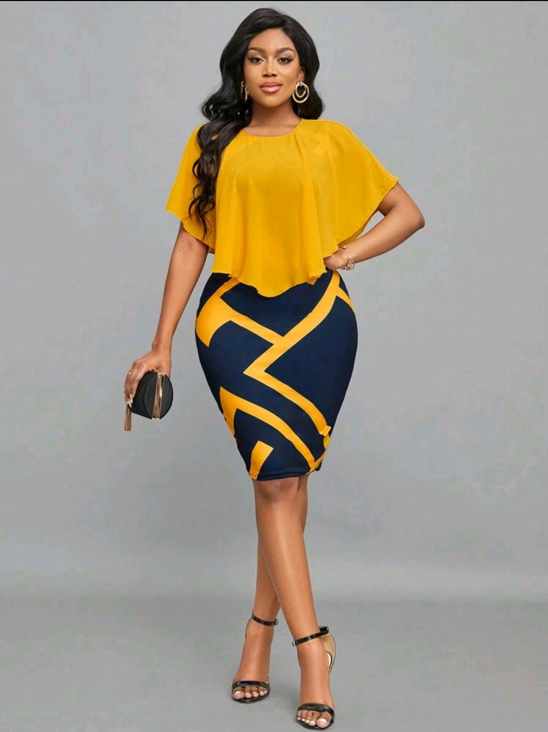 Robe de bureau élégante avec ourlet volant de patchwork à imprimé géométrique, pour femme, printemps & été jaune