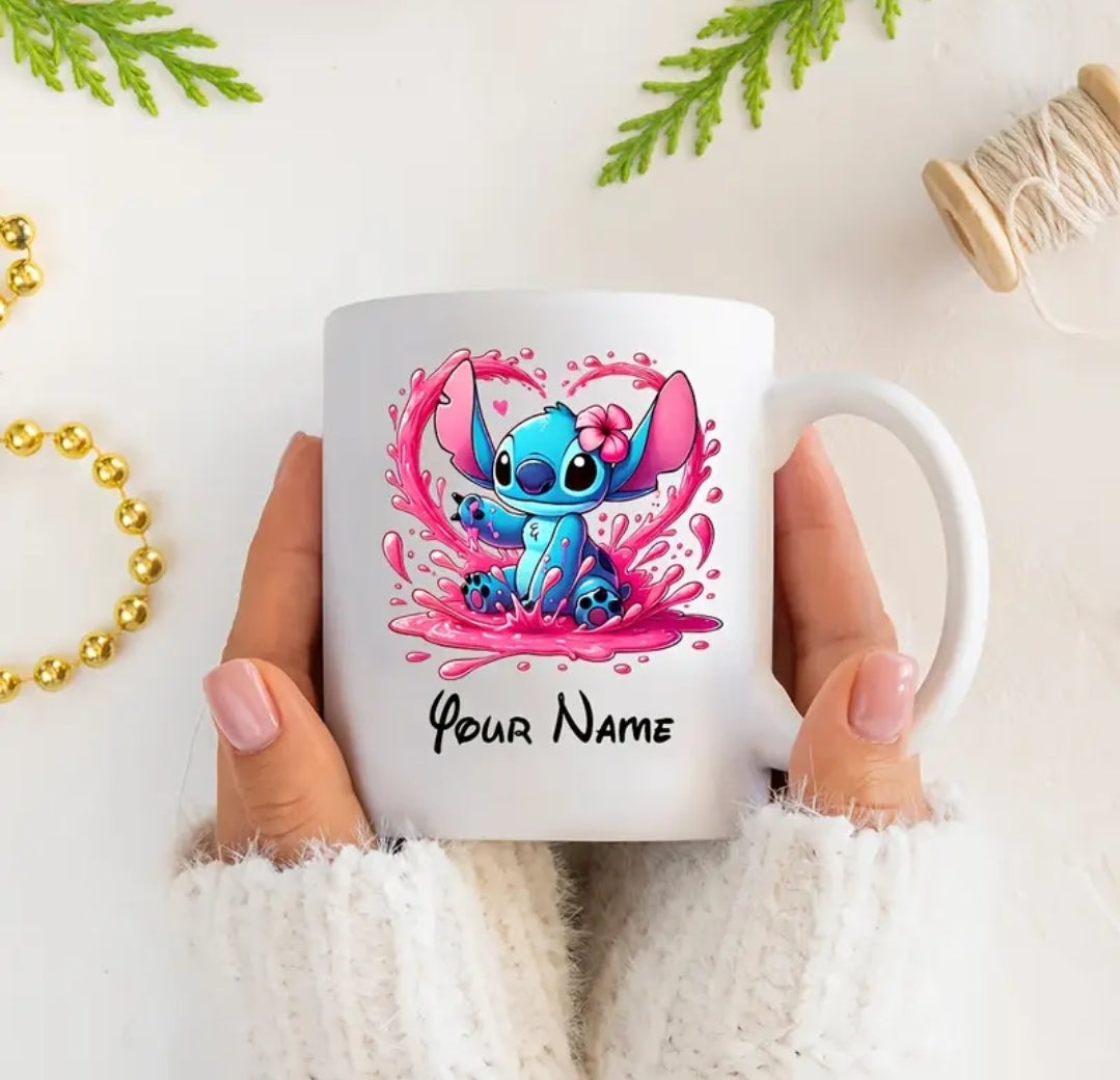 Tasse en céramique personnalisable 11oz Stitch - Nom personnalisé, design coloré, idéal pour le café,