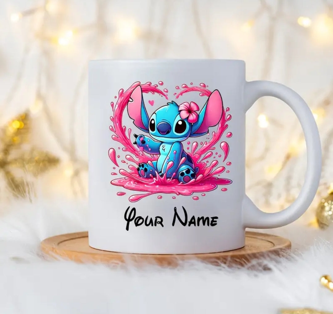 Tasse en céramique personnalisable 11oz Stitch - Nom personnalisé, design coloré, idéal pour le café,