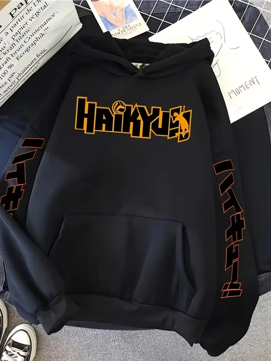 Pull-over Oversize Homme à Imprimé Anime Noir - Sweat à Capuche avec Lettres Audacieuses, Manches Longues