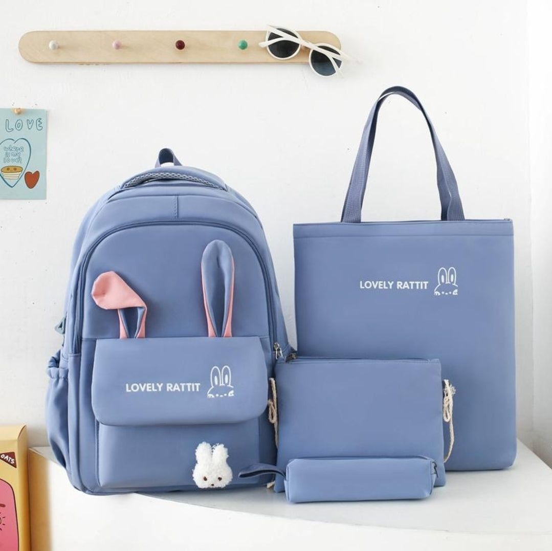 Ensemble de quatre sacs à dos pour femmes, cartable d'étudiant avec oreilles de lapin, sac à dos de protection de la colonne vertébrale de grande capacité