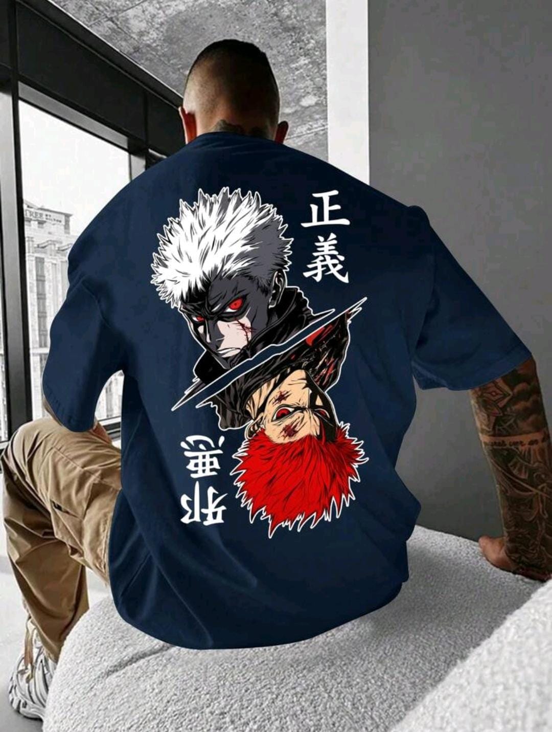 T-shirt d'été bleu marine à col rond simple pour homme avec imprimé anime, manches courtes