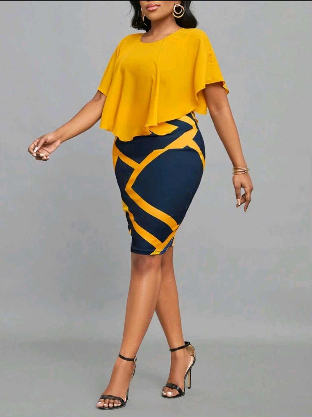 Robe de bureau élégante avec ourlet volant de patchwork à imprimé géométrique, pour femme, printemps & été jaune