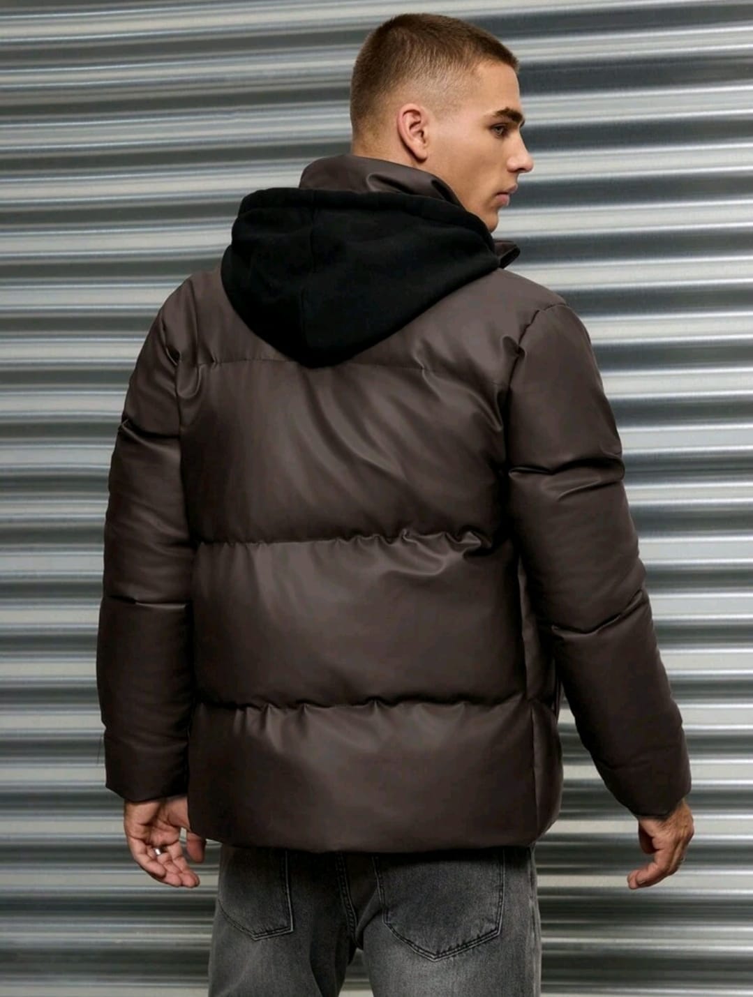 Sweat-shirt à capuche matelassé à doublure thermique en tissu PU de base pour homme, coupe slim
