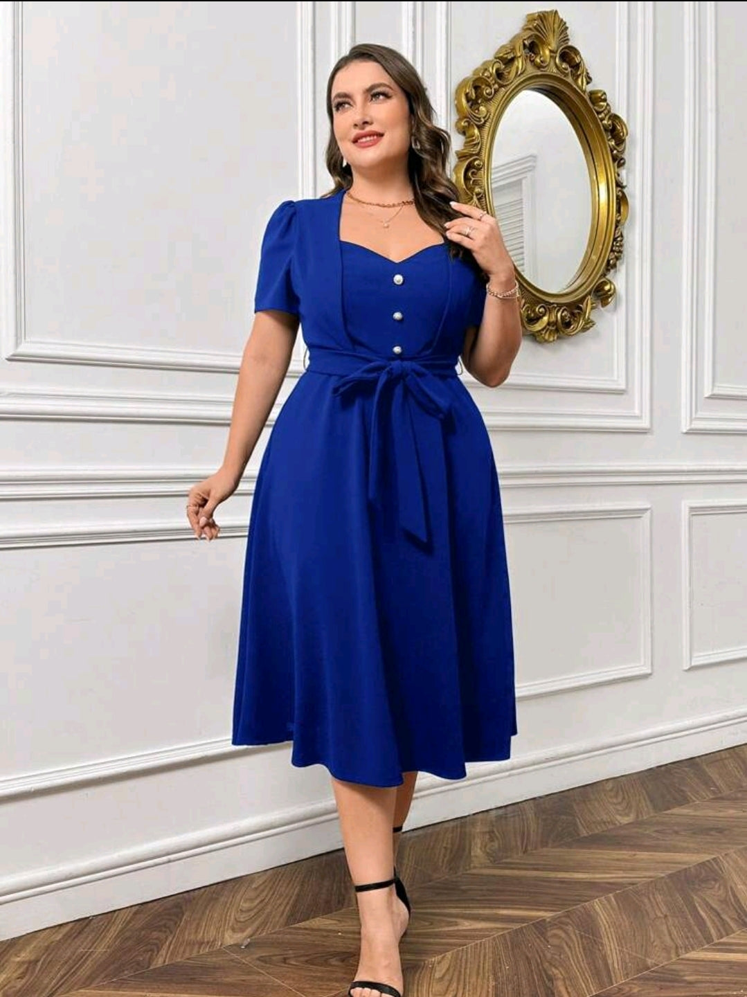 Robe romantique à manches bouffantes, col en cœur avec boutons de perle, ceinturée, adaptée pour les sorties, le travail quotidien, grande taille