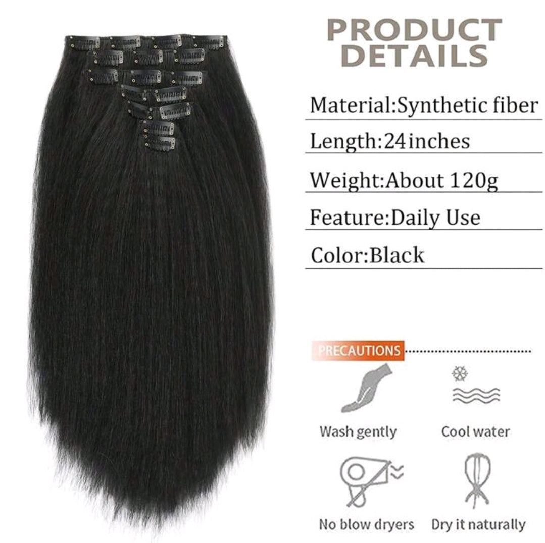 Extensions de cheveux raides kinky noirs en clips pour la tête complète, extensions synthétiques raides yaki en clips pour 7 pièces 25 inch