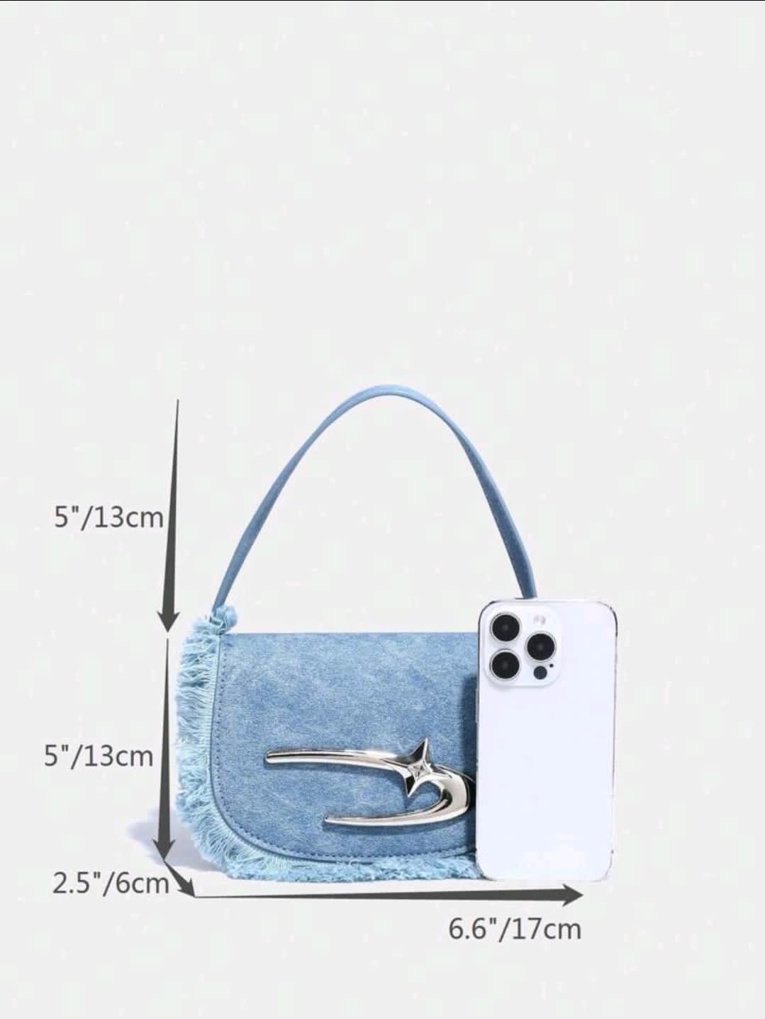 Jean Bleu Mini Demi Lune Sac De Selle Avec À Franges Décoration Et À Rabat Couverture , Adapté Pour Rencontre Ou Voyage
