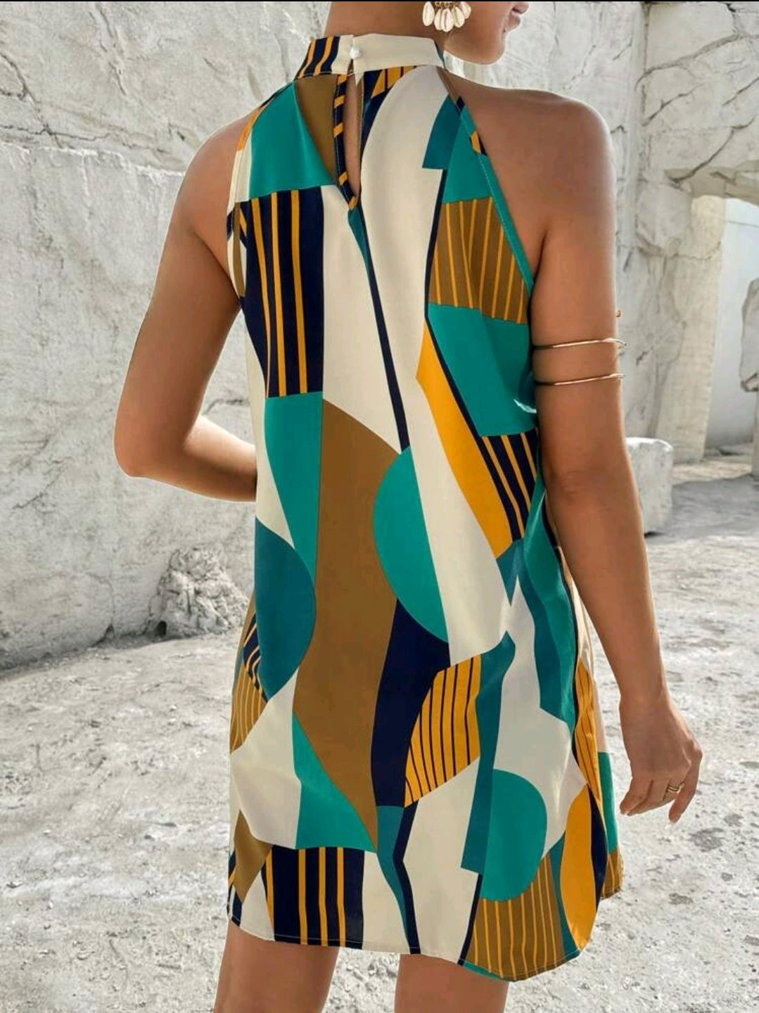 Breezaya Robe d'été à col ras-du-cou avec imprimé géométrique, tenue de plage pour les femmes