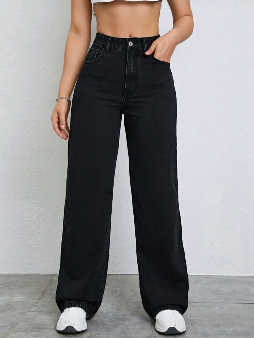 Jeans en denim délavé à taille haute ample et évasé, style décontracté