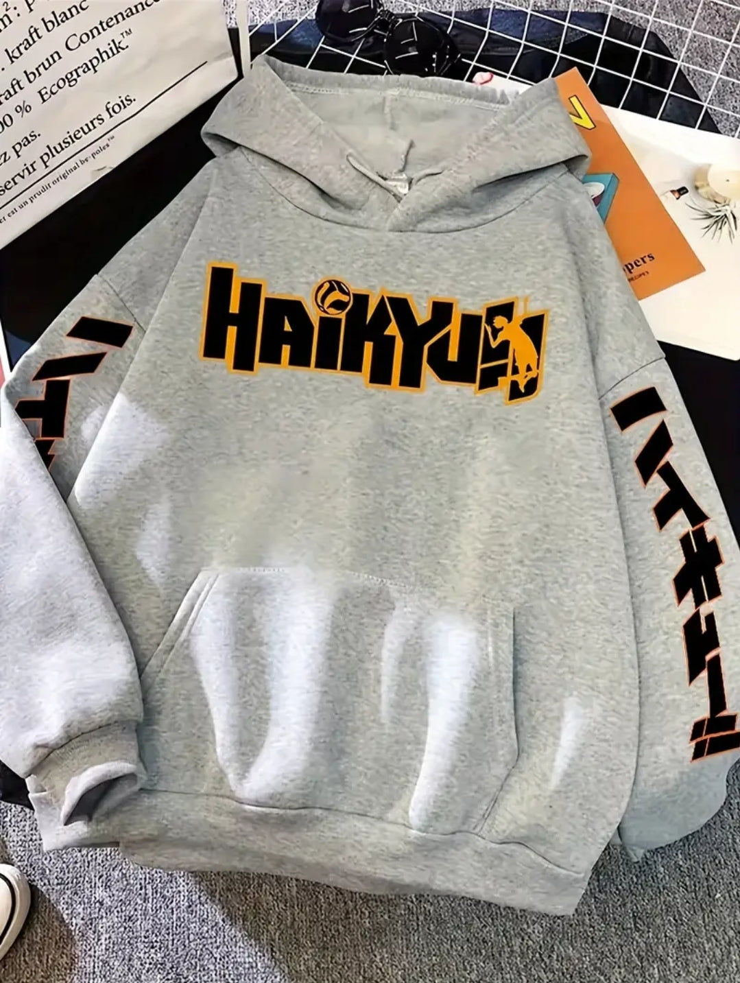 Pull-over Oversize Homme à Imprimé Anime Noir - Sweat à Capuche avec Lettres Audacieuses, Manches Longues