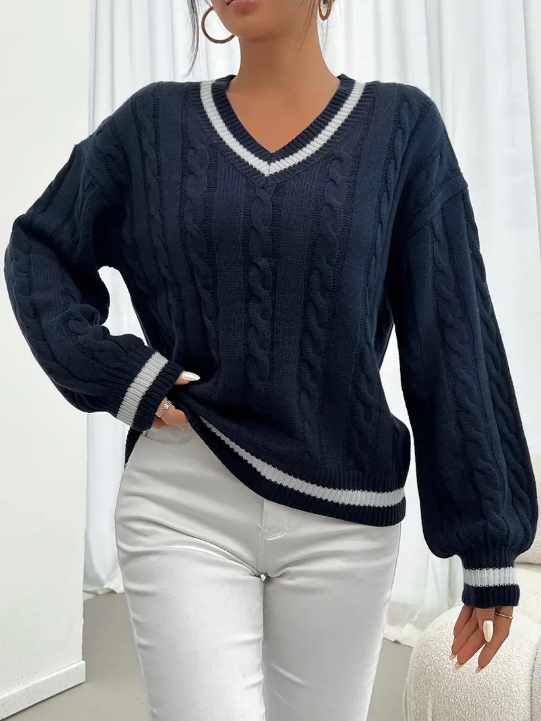 Pull en acrylique à col en V pour femme, élégant, détail torsadé de couleur unie, manches longues